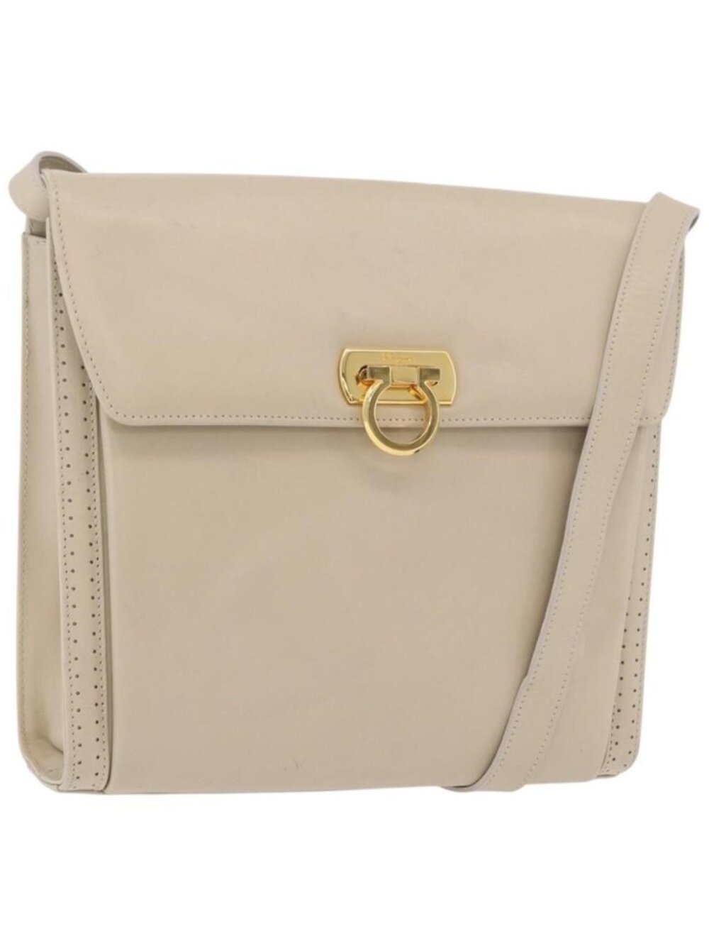 Authentic Salvatore Ferragamo Gancini Shoulder Bag Leather Ivory Gold
